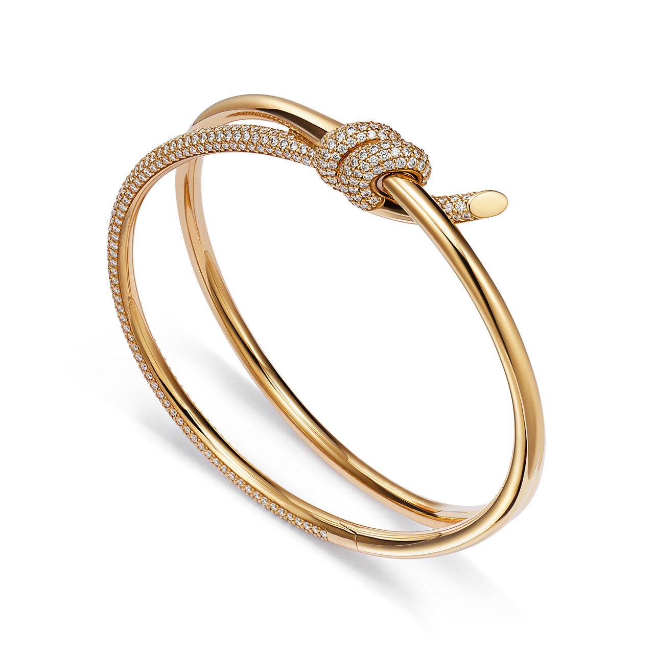 Tiffany Knot:Double Row Hinged Bangle in Yellow Gold with Diamonds image number 2