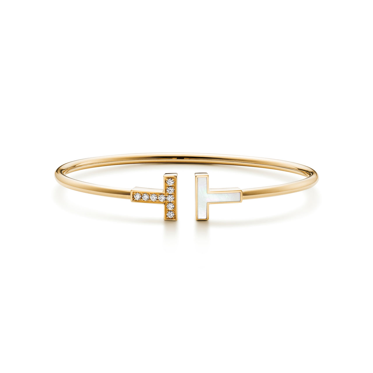 Wire Bracelet in Yellow Gold with Mother-of-pearl and Diamonds