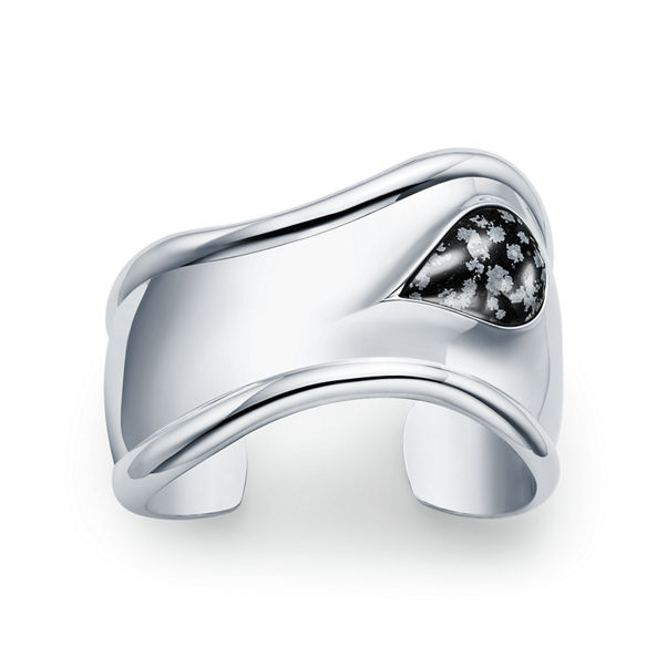 Elsa Peretti®:Small Bone Cuff in Sterling Silver with Snowflake Obsidian