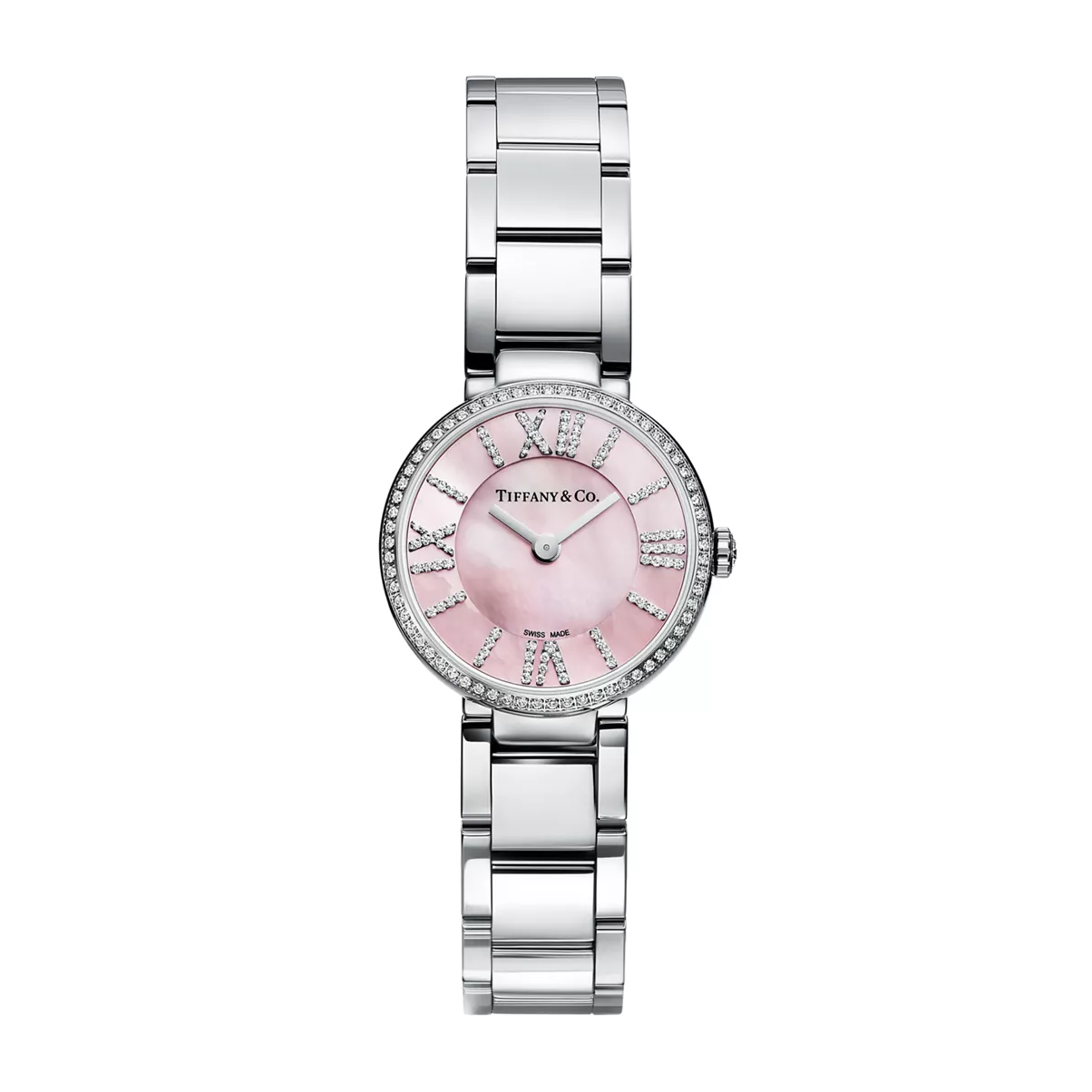 2-Zeiger-Uhr, 24&nbsp;mm aus Edelstahl mit Diamanten und rosa Perlmutt
