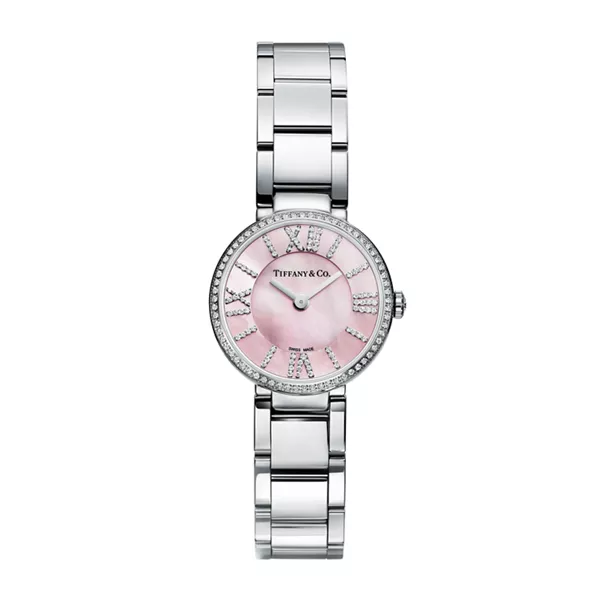 2-Zeiger-Uhr, 24 mm aus Edelstahl mit Diamanten und rosa Perlmutt