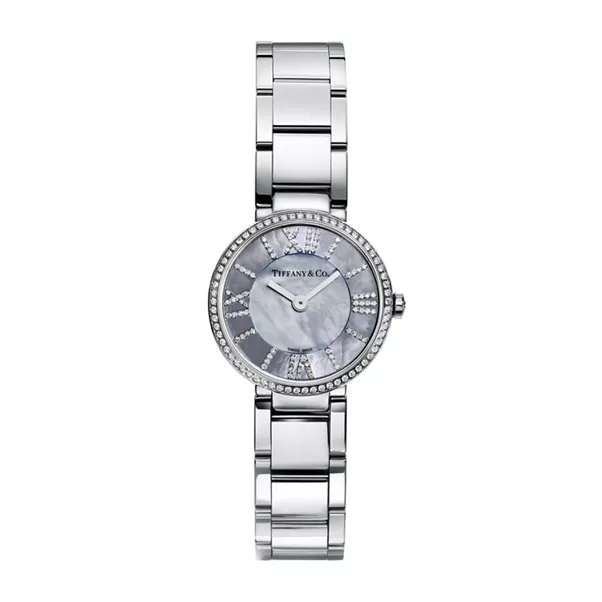 2-Zeiger-Uhr, 24 mm aus Edelstahl mit Diamanten und grauem Perlmutt