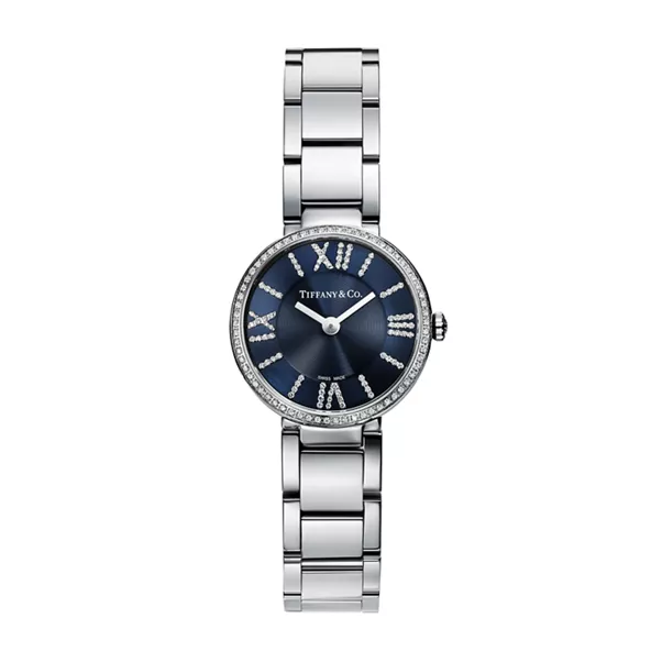 Orologio a 2 sfere 24 mm in acciaio inossidabile con diamanti e quadrante soleil blu navy