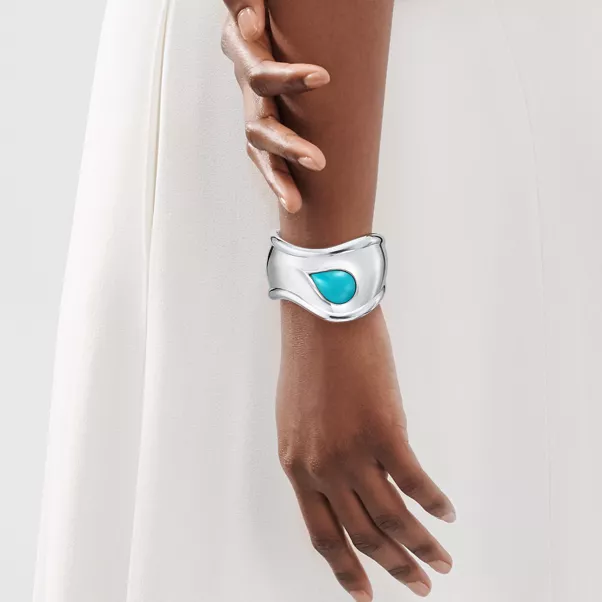 Brazalete Bone pequeño en plata de ley con turquesa