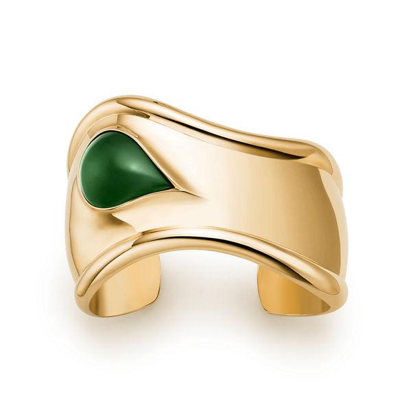 Elsa Peretti®:Small Bone Cuff in 18k Gold with Green Jade