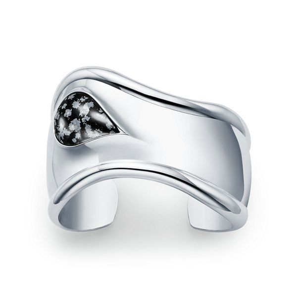 Elsa Peretti®:Small Bone Cuff in Sterling Silver with Snowflake Obsidian