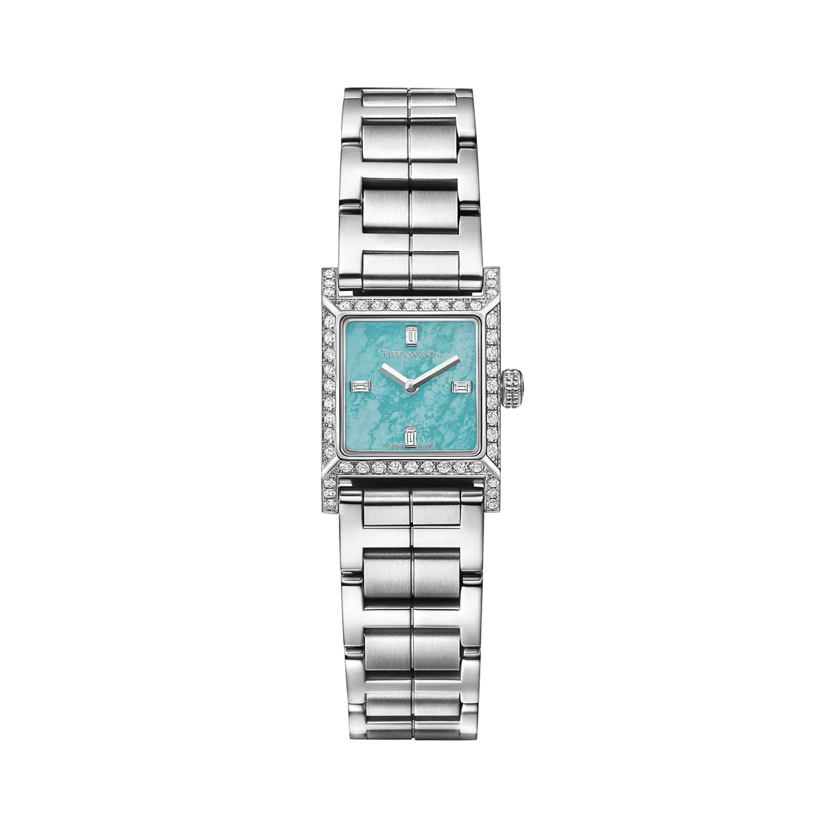 Makers 16 mm Square Watch in Stainless Steel with a Turquoise Dial and Diamonds