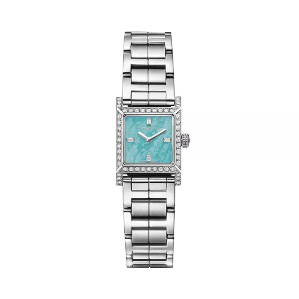 Makers 16 mm Square Watch in Stainless Steel with a Turquoise Dial and Diamonds