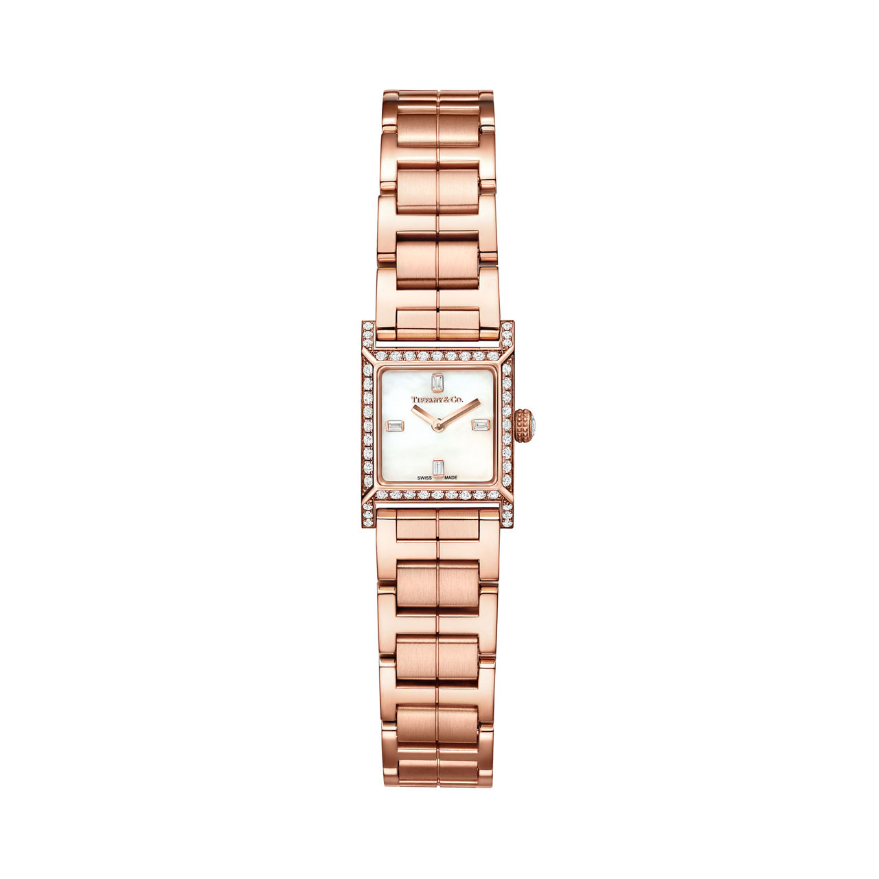 Makers 16 mm Square Watch in Rose Gold with a White Mother-of-pearl Dial and Diamonds