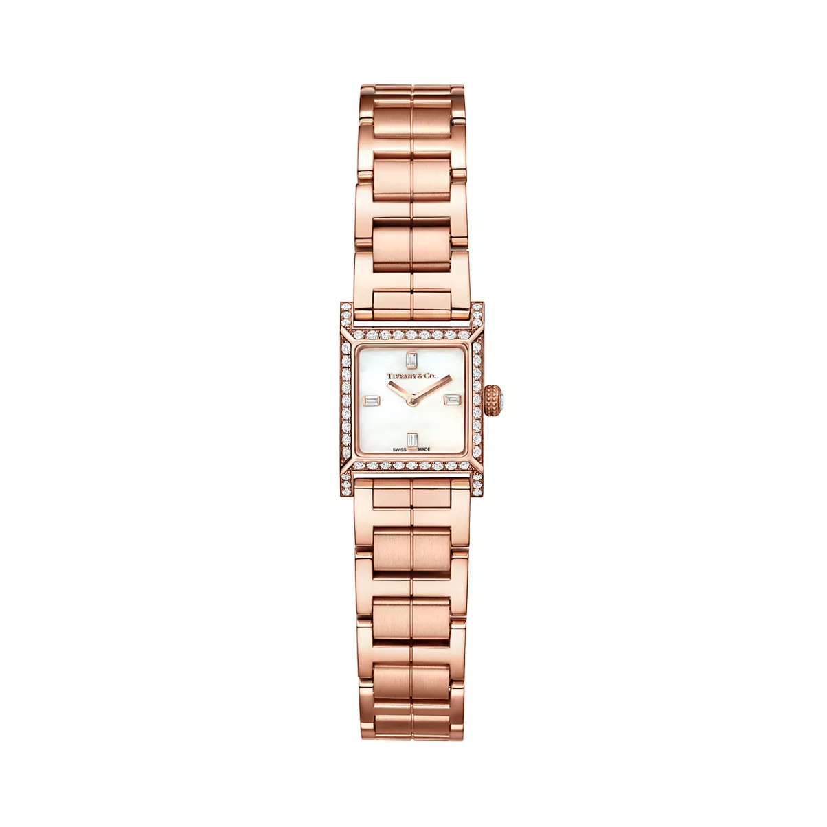 Makers 16 mm Square Watch in Rose Gold with a White Mother-of-pearl Dial and Diamonds