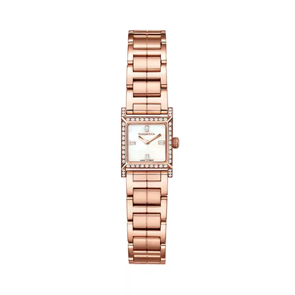 Makers 16 mm Square Watch in Rose Gold with a White Mother-of-pearl Dial and Diamonds