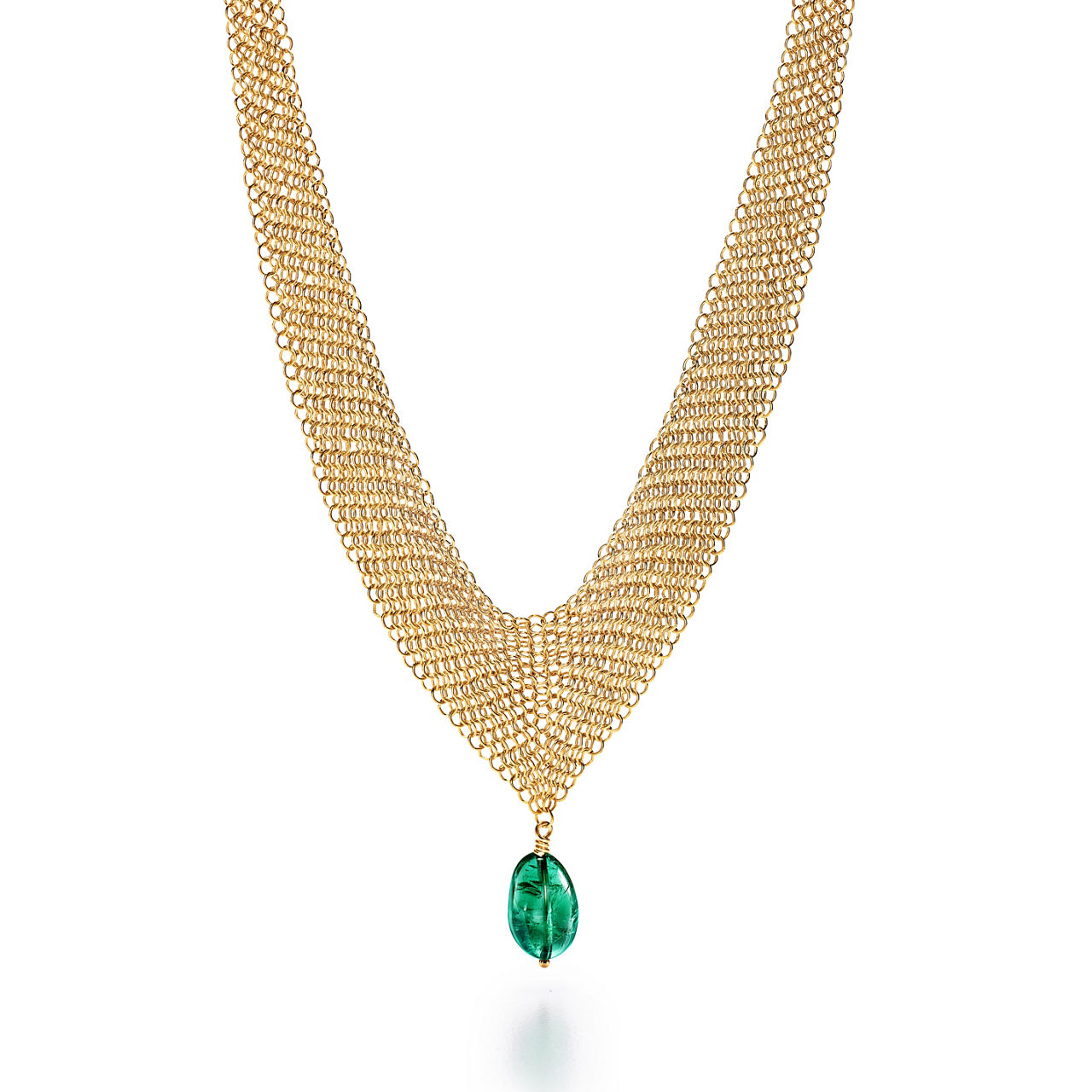 Elsa Peretti®:Mesh Bib Necklace in 18k Gold with a Tumbled Emerald Bead image number 0