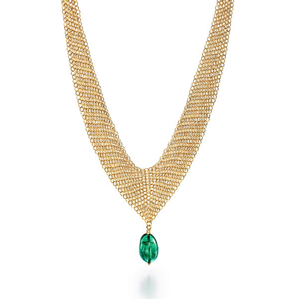 Elsa Peretti®:Mesh Bib Necklace in 18k Gold with a Tumbled Emerald Bead