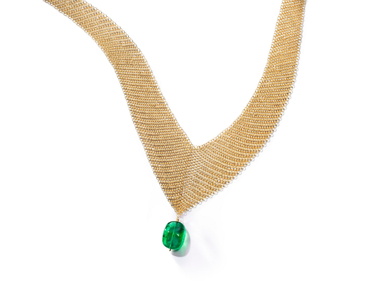 Elsa Peretti®:Mesh Bib Necklace in 18k Gold with a Tumbled Emerald Bead image number 0