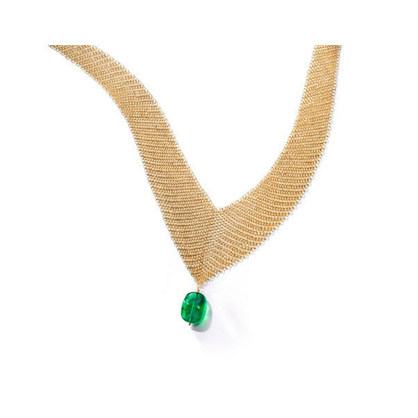 Elsa Peretti®:Mesh Bib Necklace in 18k Gold with a Tumbled Emerald Bead