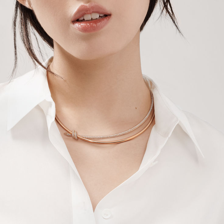 Tiffany Knot:Double Row Necklace in Rose Gold with Diamonds image number 1