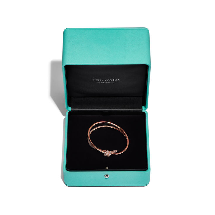 Tiffany Knot:Double Row Hinged Bangle in Rose Gold with Diamonds image number 5