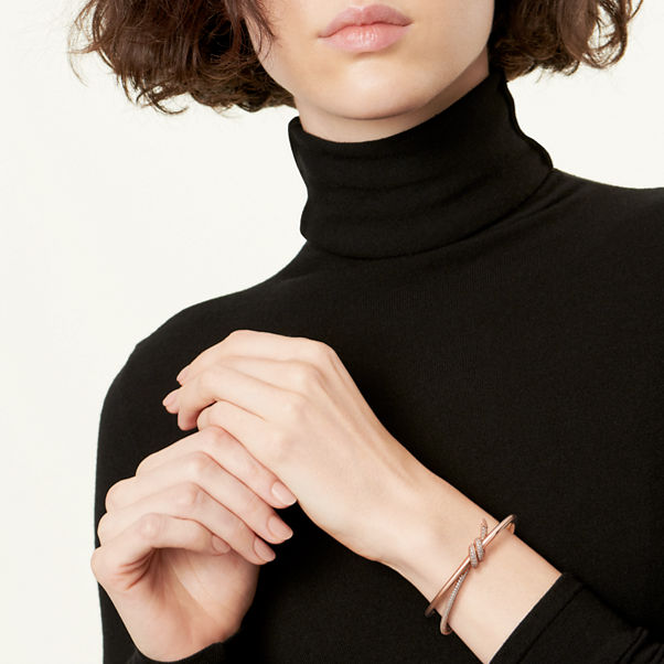 Tiffany Knot:Double Row Hinged Bangle in Rose Gold with Diamonds