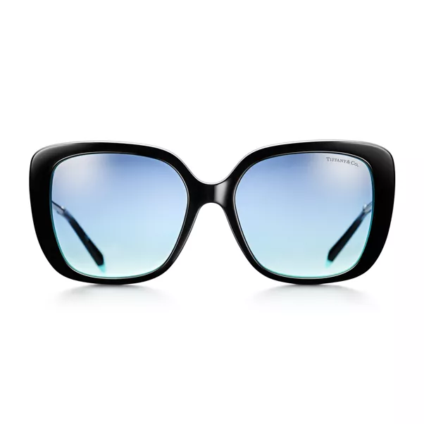 Solaires modèle Papillon en acétate noir et Tiffany Blue® avec détails en métal argenté