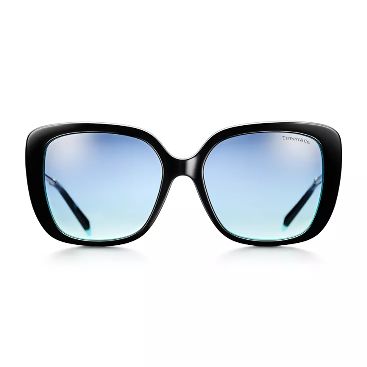 Collezione Diamond Point:Occhiali da sole Butterfly in acetato nero e Tiffany Blue® con metallo argentato, 1