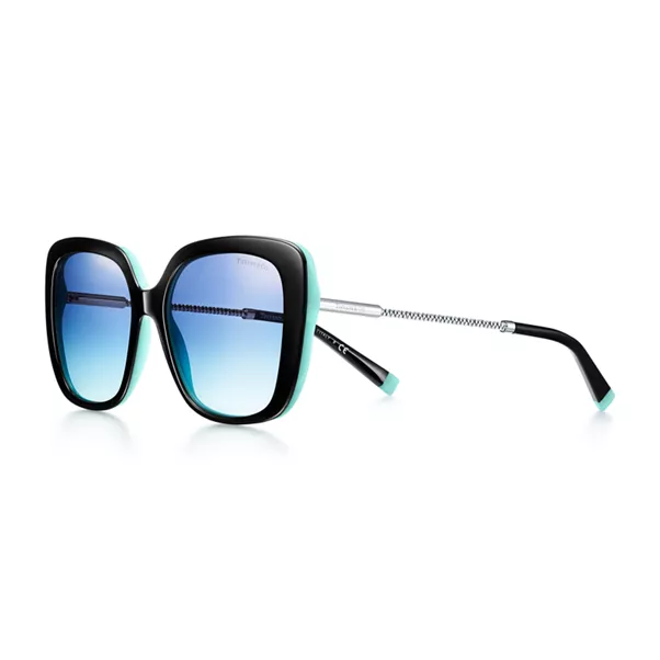 Solaires modèle Papillon en acétate noir et Tiffany Blue® avec détails en métal argenté