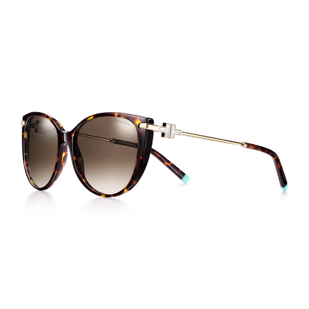 Tiffany T:Cat-Eye Sonnenbrille aus Acetat in Schildpatt mit blassgoldfarbenem Metall und Perlmutt