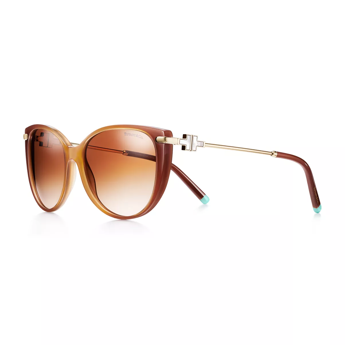 Cat Eye Sunglasses in Camel Acetate with Pale Gold-colored Metal and Mother-of-pearl