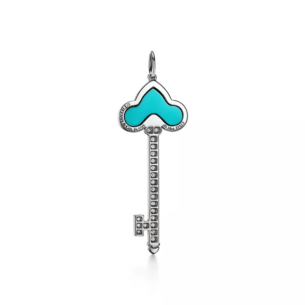 Fleur de Lis Key in Platinum with Diamonds and Turquoise