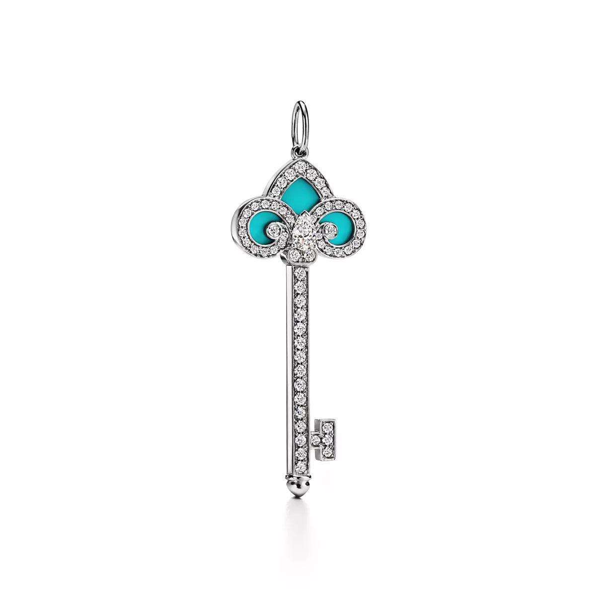 Fleur de Lis Key in Platinum with Diamonds and Turquoise
