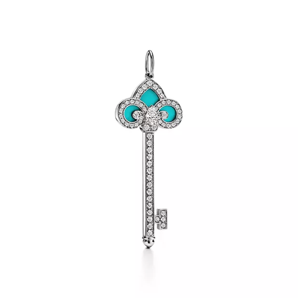 Fleur de Lis Key in Platinum with Diamonds and Turquoise