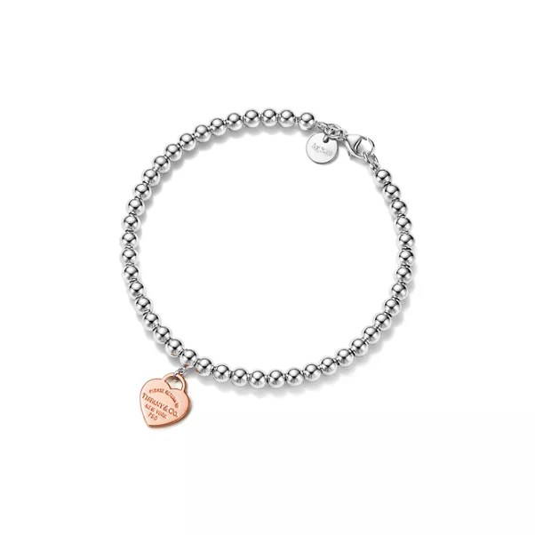 Pulsera de cuentas con insignia de corazón en plata de ley y oro rosa, 4 mm