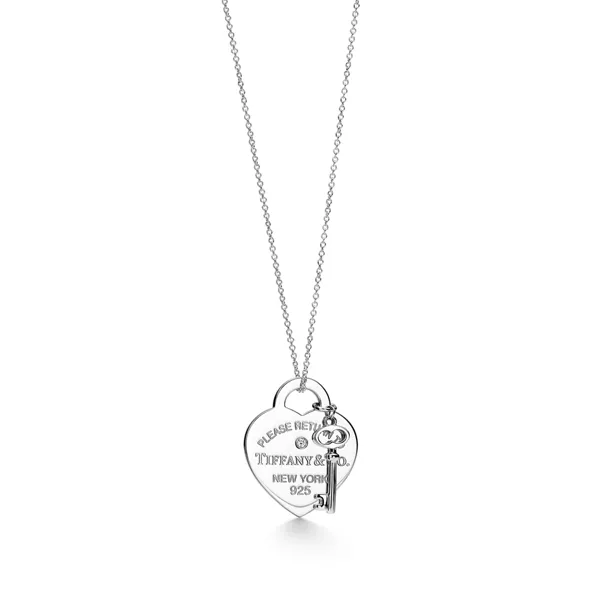 Halskette mit Schlüssel- und Herzanhänger in Sterlingsilber mit einem Diamanten, Medium