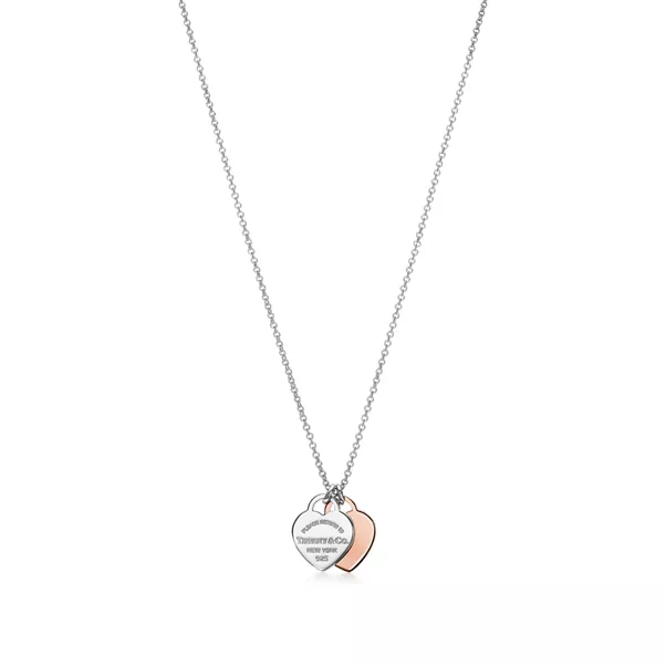 Double Heart Tag Pendant in Silver and Rose Gold, Mini