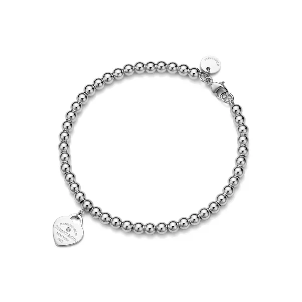 Heart Tag Bead Bracelet in Silver with a Diamond, 4 mm