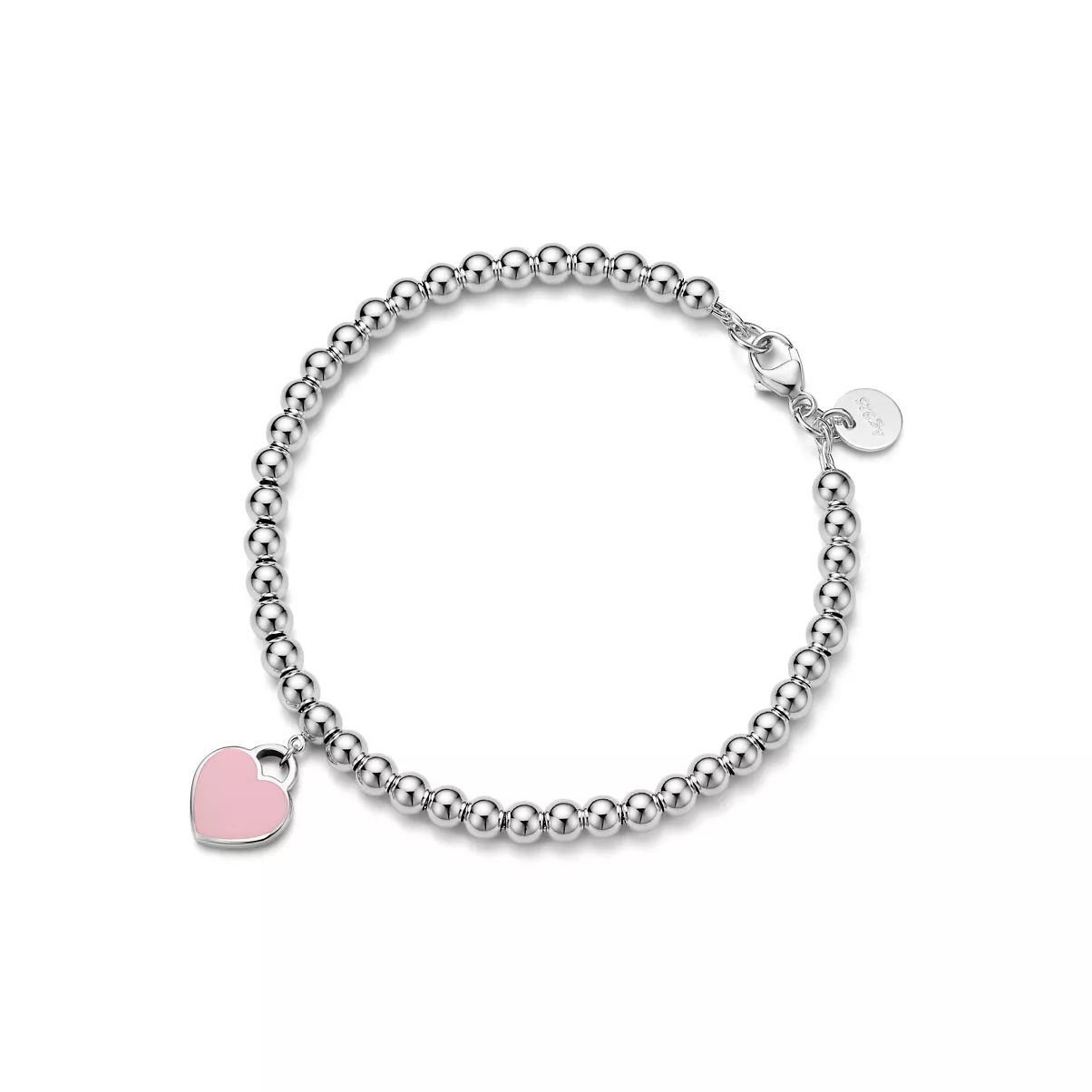Pink Mini Heart Bead Bracelet in Silver with a Diamond, 4 mm