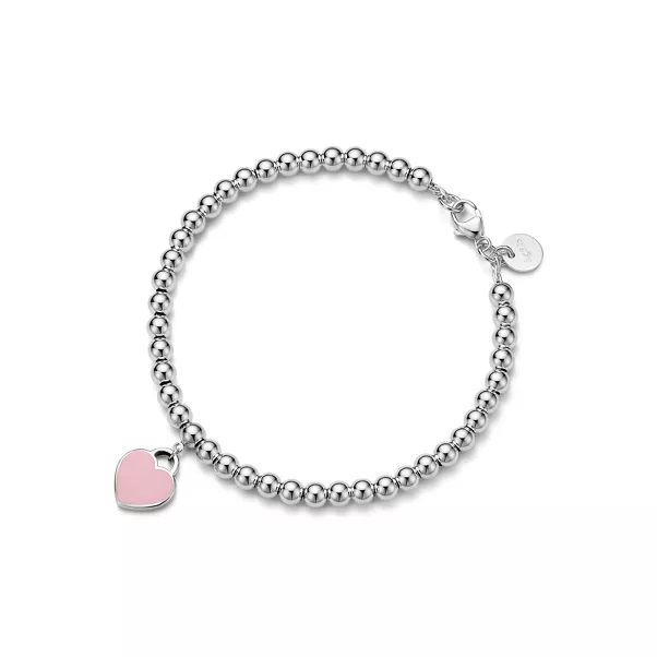 Pink Mini Heart Bead Bracelet in Silver with a Diamond, 4 mm