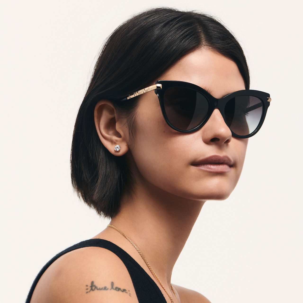 Cat Eye Sunglasses in Black Acetate with Pale Gold-colored Metal Accents