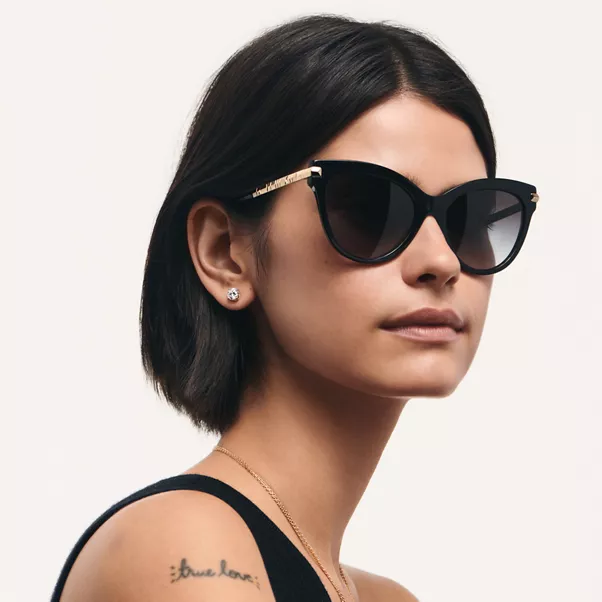 Cat Eye Sunglasses in Black Acetate with Pale Gold-colored Metal Accents