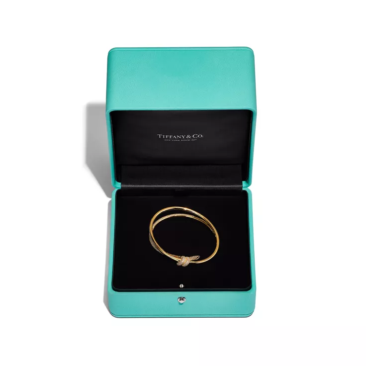 Tiffany Knot:Double Row Hinged Bangle in Yellow Gold with Diamonds, 5