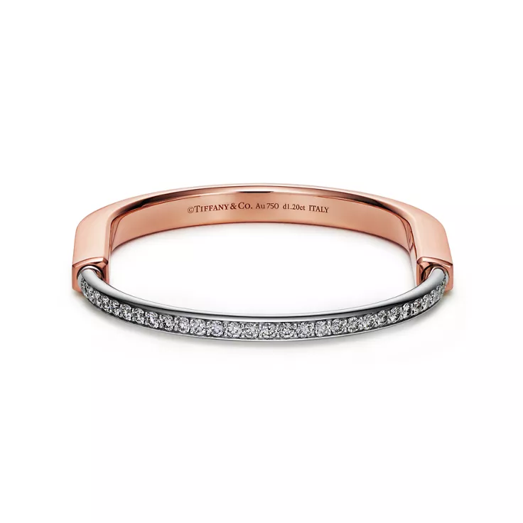 Tiffany Lock:Bangle in Rose and White Gold with Half Pavé Diamonds, 4