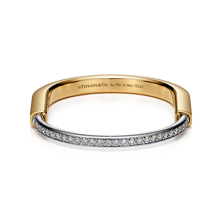 Tiffany Lock:Bangle in Yellow and White Gold with Half Pavé Diamonds image number 5