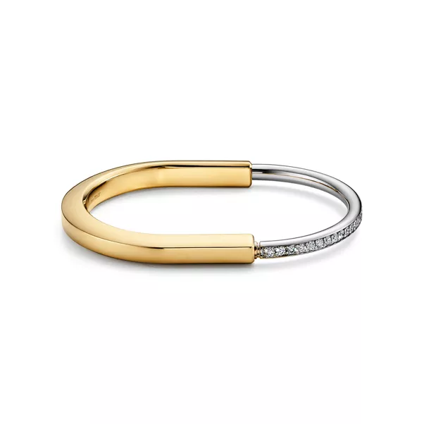 Bangle in Yellow and White Gold with Half Pavé Diamonds