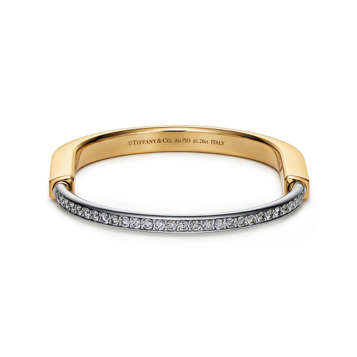 Tiffany Lock:Bangle in Yellow and White Gold with Half Pavé Diamonds image number 4