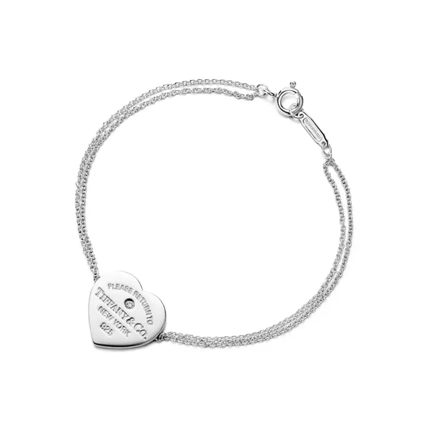 Heart Double Chain Bracelet in Silver with a Diamond, Small