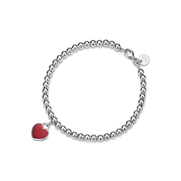 Return to Tiffany™:Red Mini Heart Bead Bracelet in Silver with a Diamond, 4 mm