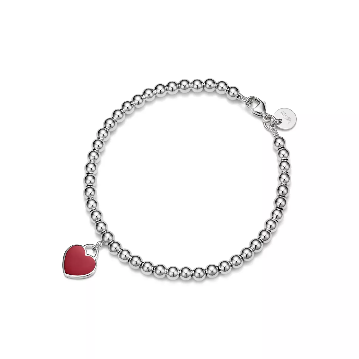 Red Mini Heart Bead Bracelet in Silver with a Diamond, 4 mm