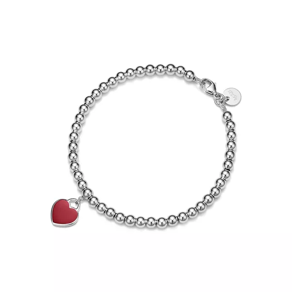 Red Mini Heart Bead Bracelet in Silver with a Diamond, 4 mm