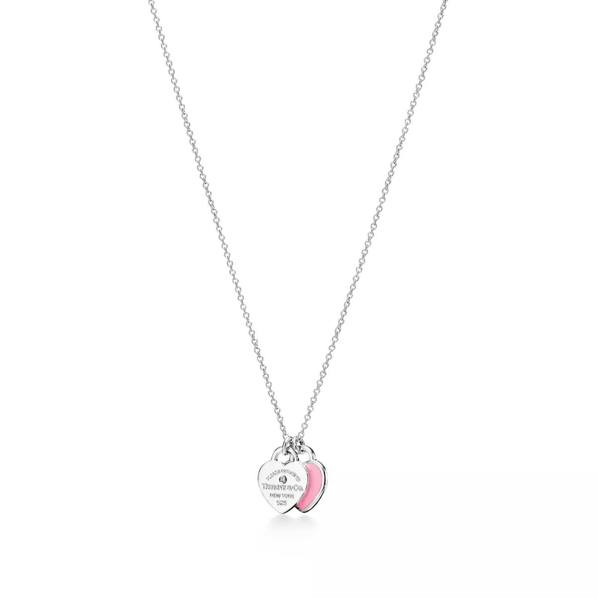 Pendente Double Heart Tag rosa in argento con diamante, mini