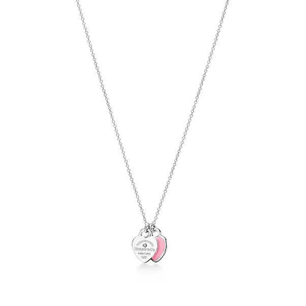 Pink Double Heart Tag Pendant in Silver with a Diamond, Mini