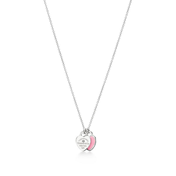 Return to Tiffany™:Pink Double Heart Tag Pendant in Silver with a Diamond, Mini